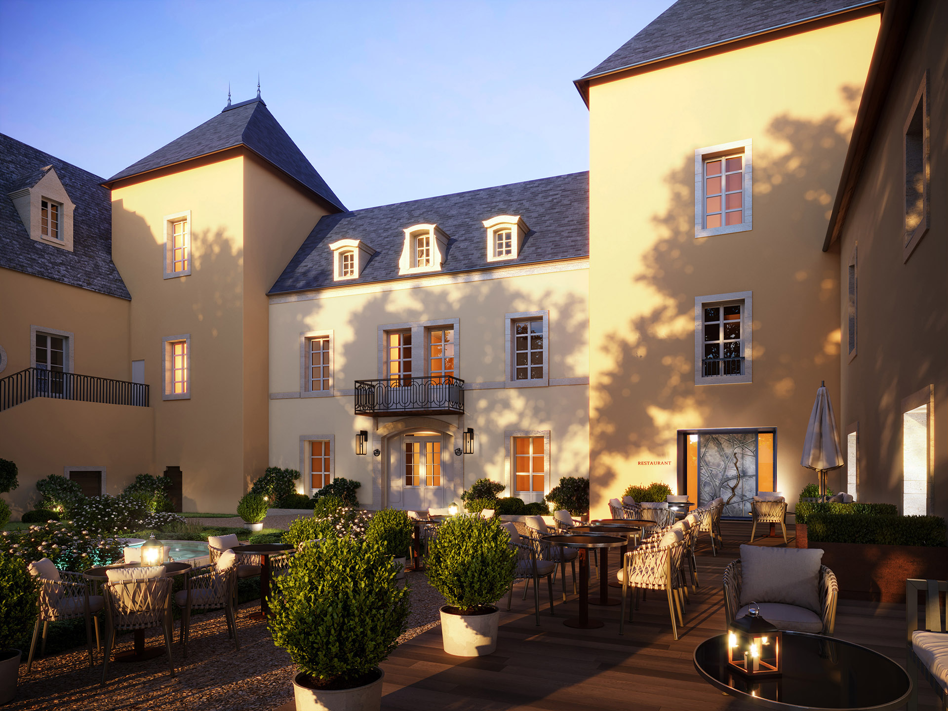 Image de synthèse 3D d'un château avec son restaurant et terrasse en fin de journée