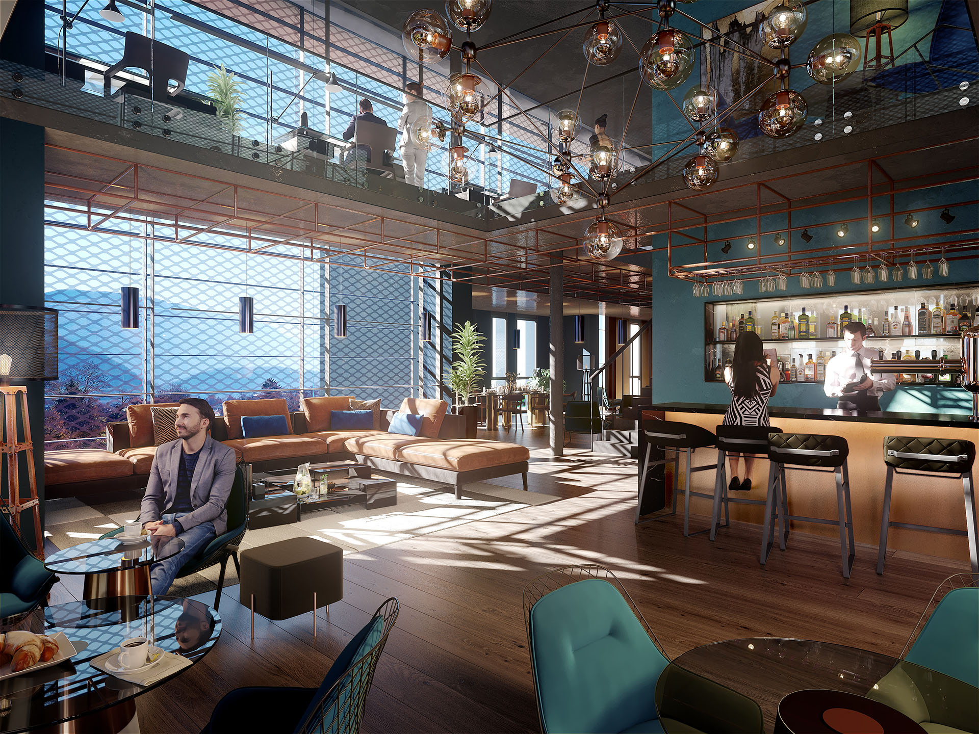Visualisation 3D de l'intérieur d'un bar-restaurant au style industriel