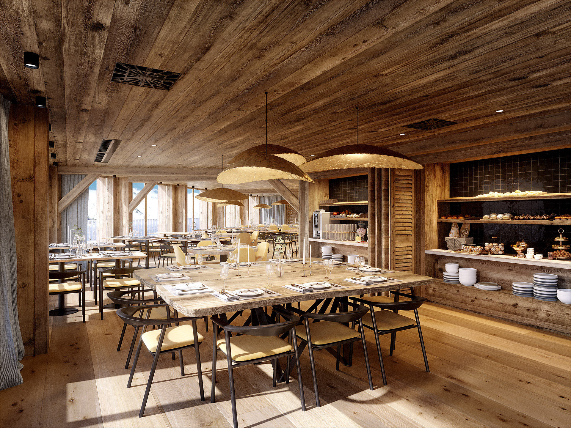 Image de synthèse 3D d'un restaurant rustique en bois dans un chalet de montagne