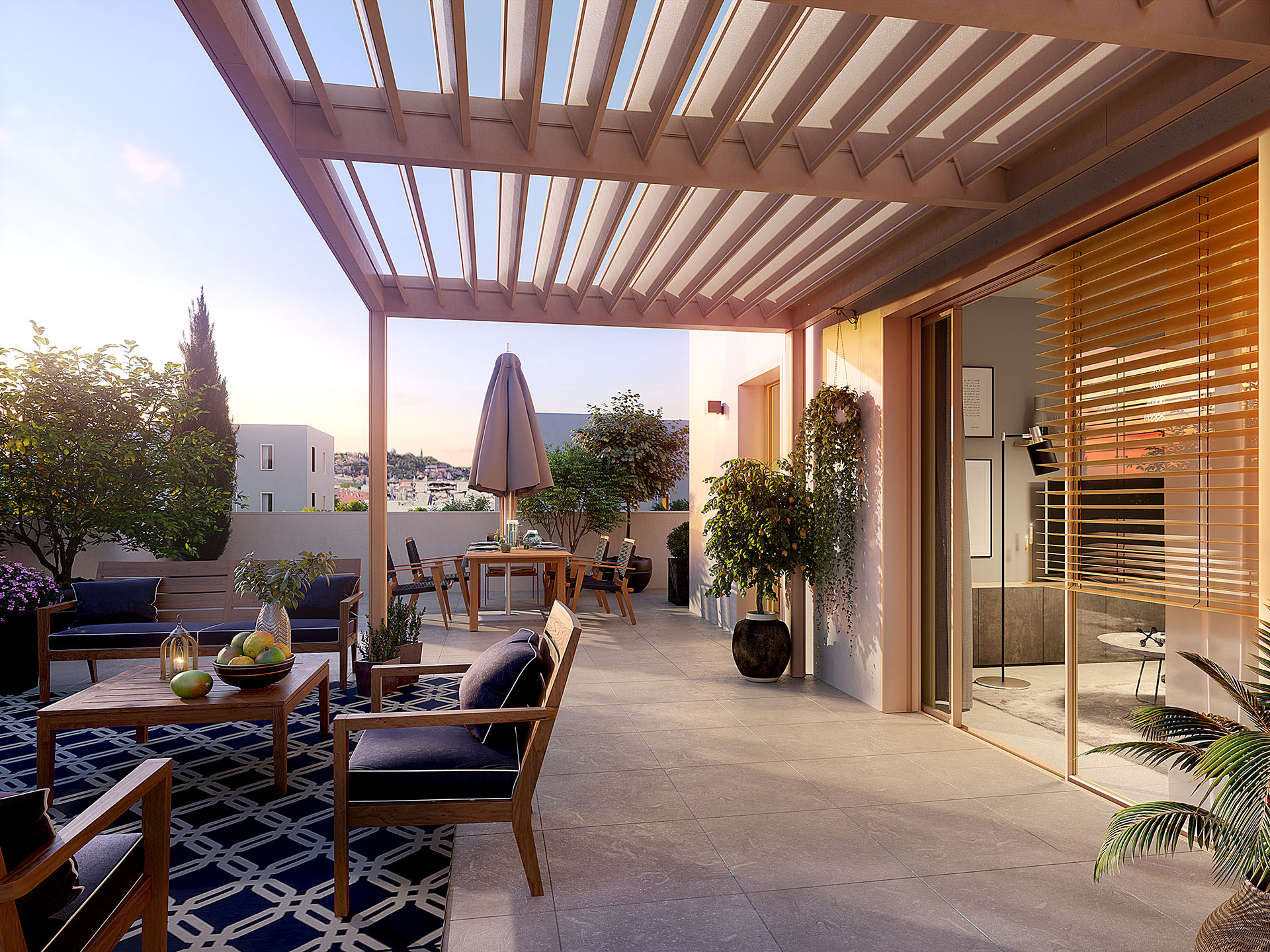 Image de synthèse 3D de la terrasse d'un appartement 