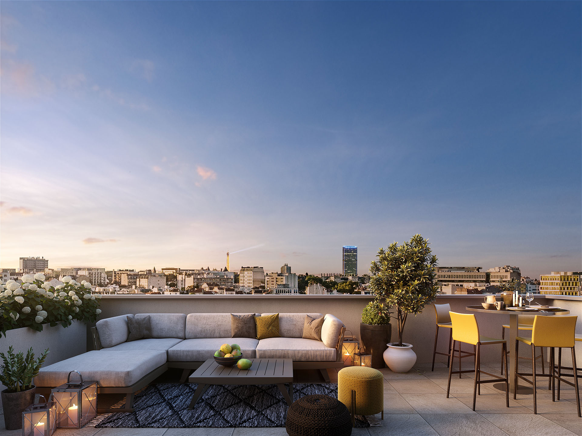 Image de synthèse 3D d'un rooftop à Paris en fin de journée
