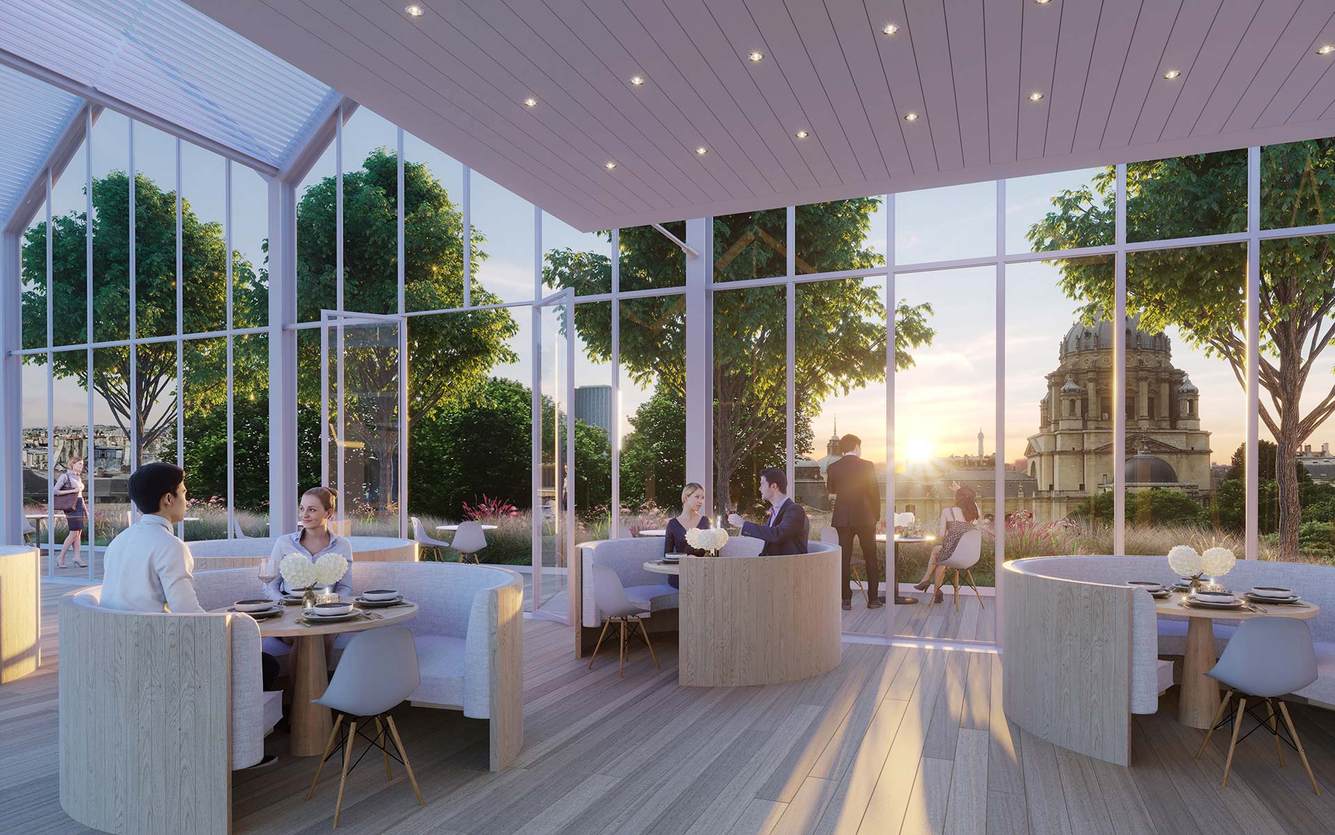 Perspective 3D d'un rooftop de luxe avec véranda