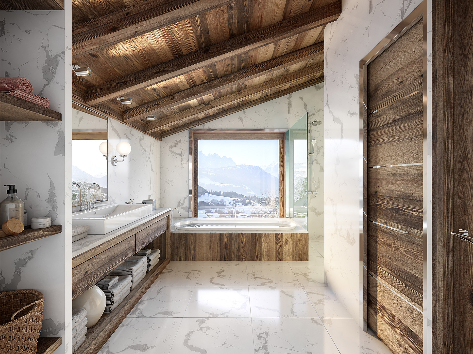 Graphismes 3D d'une salle de bain moderne et luxueuse dans un chalet