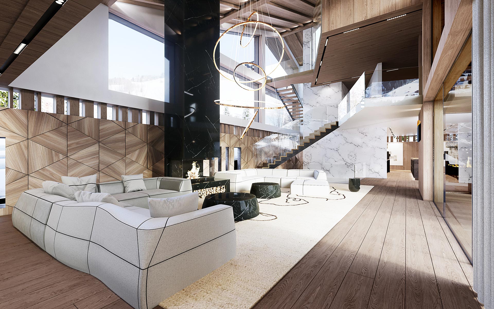 Perspective 3D d'un salon pour un projet immobilier de chalet de luxe 