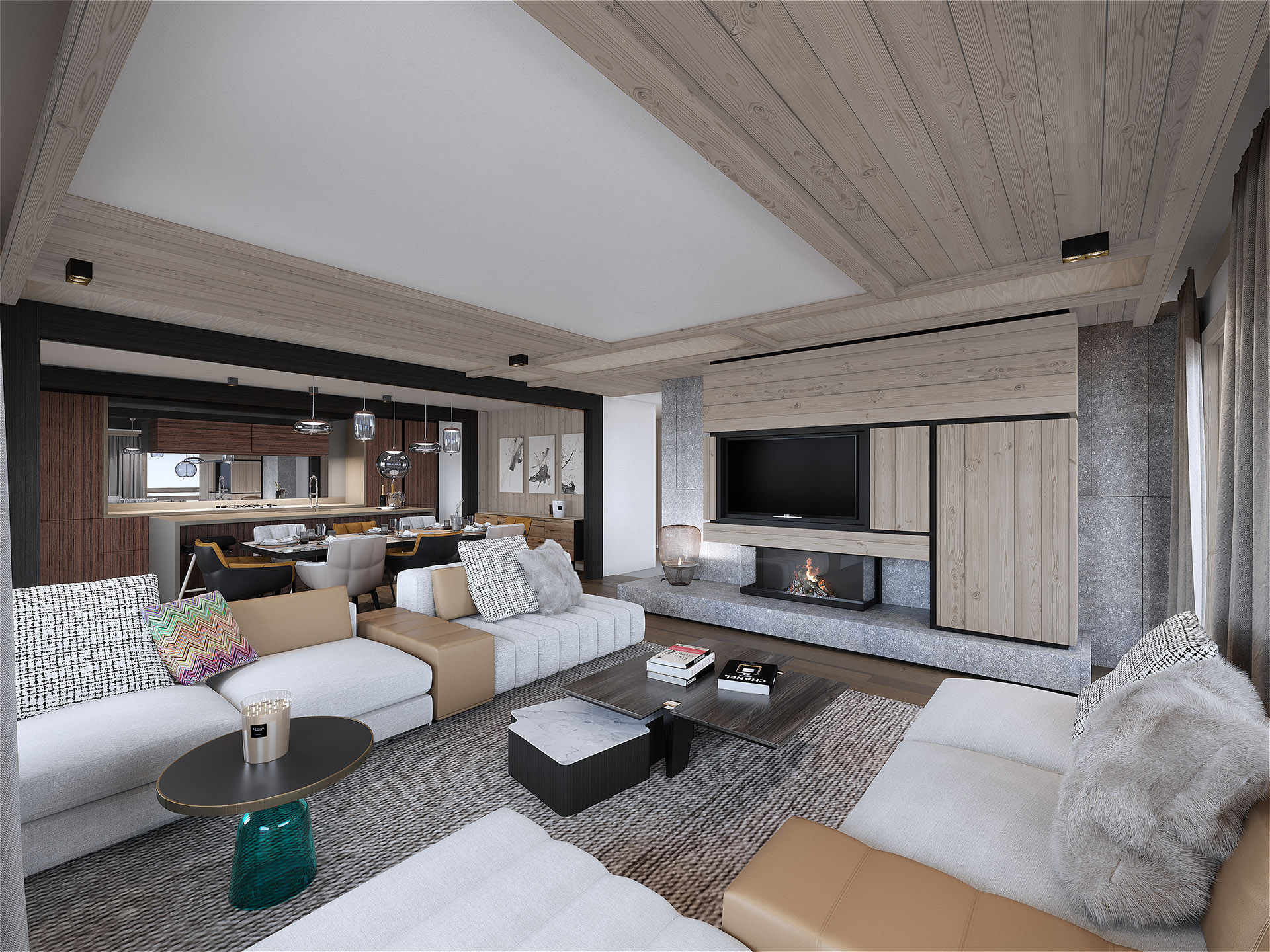 Infographie 3D d'un salon de chalet moderne à Megève