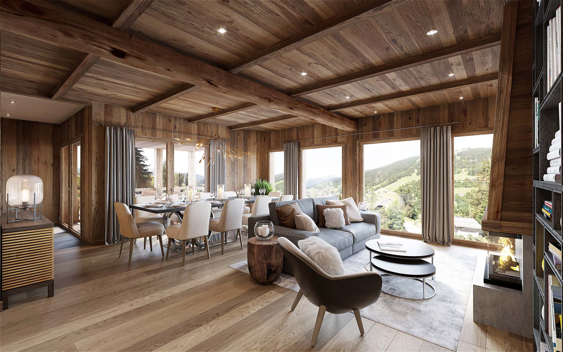 Rendu 3D de l'intérieur d'un chalet de luxe en Suisse