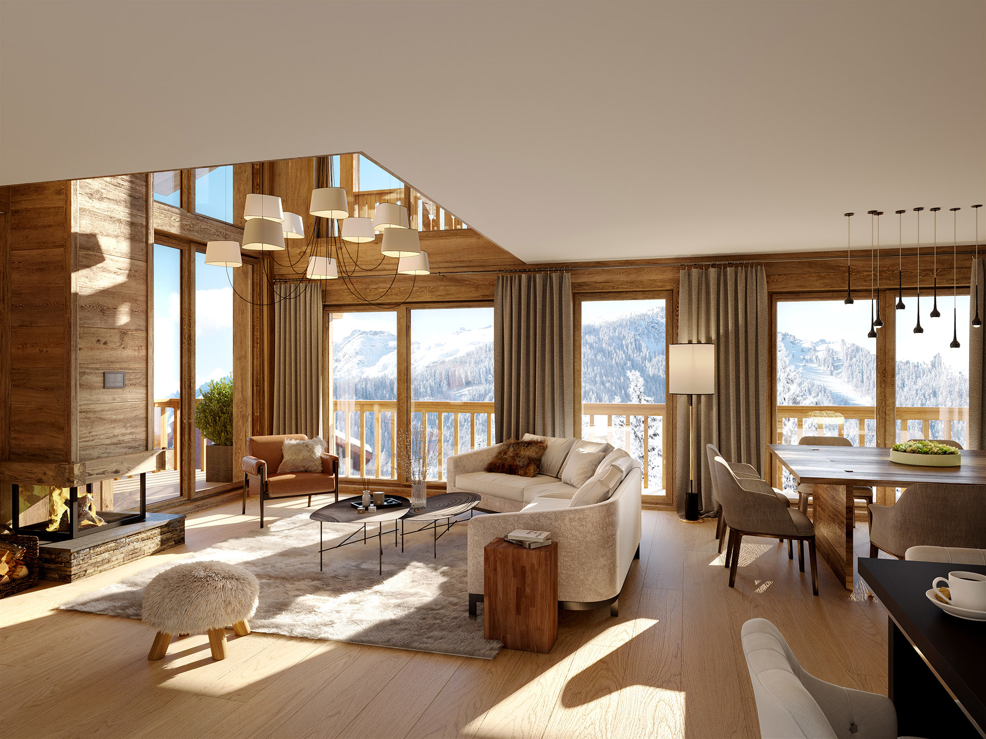 Image 3D d'un appartement moderne et rustique dans un chalet de montagne