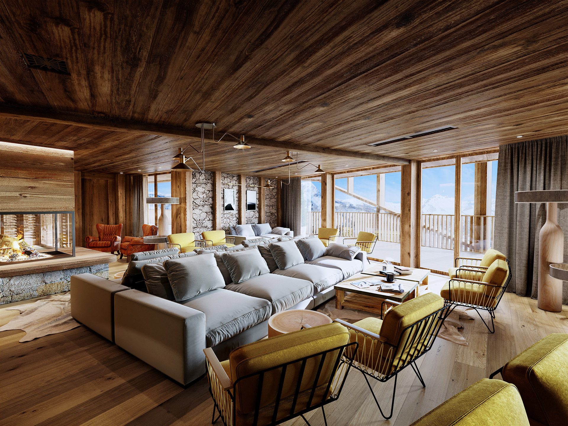 Image 3D d'un salon dans un hôtel de type chalet de montagne