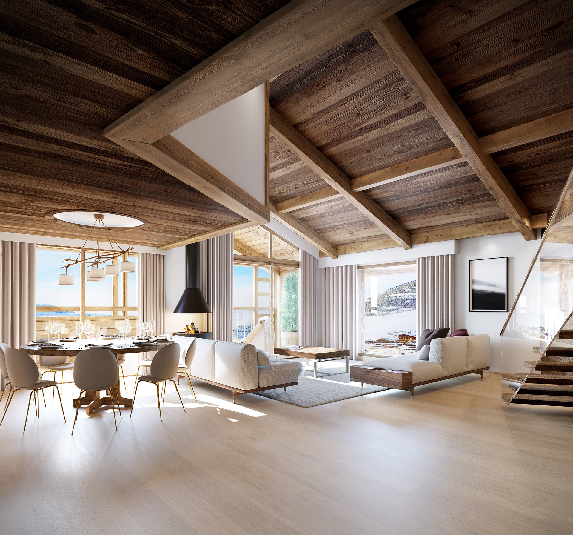 Perspective 3D d'un salon dans un chalet moderne