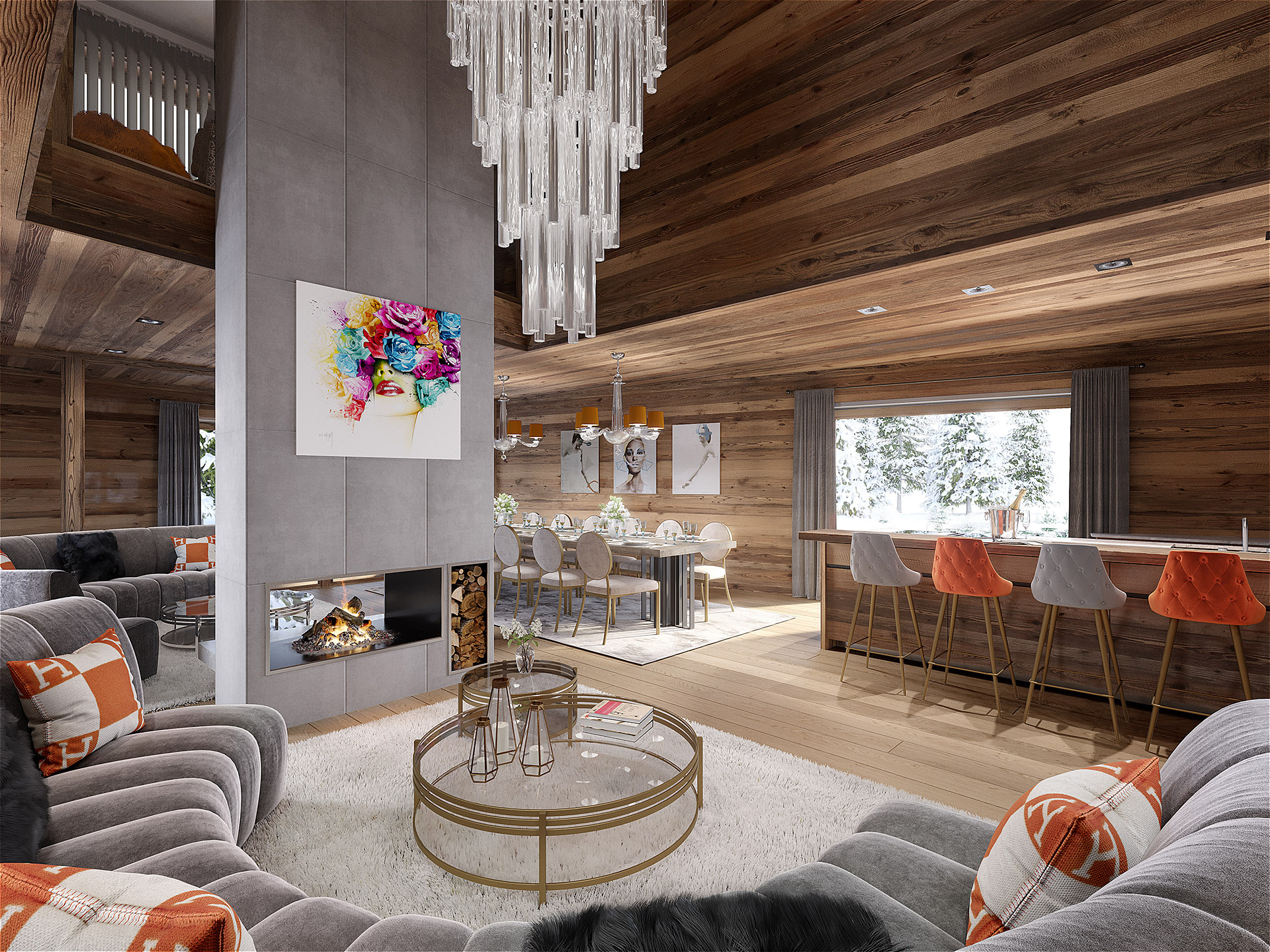 Image 3D d'un salon de luxe dans un chalet de montagne