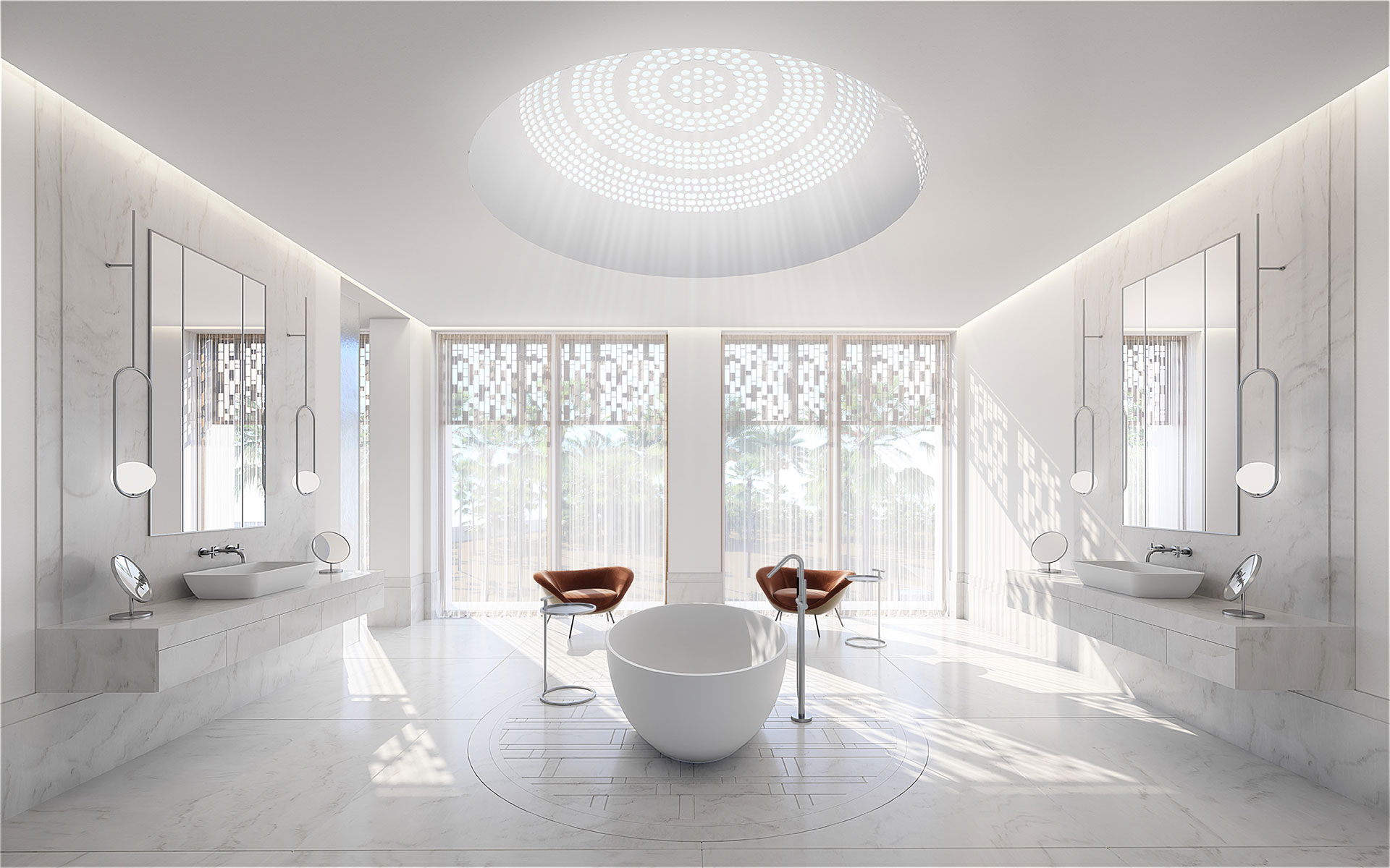 Rendu 3D d'une salle de bain dans une villa de luxe