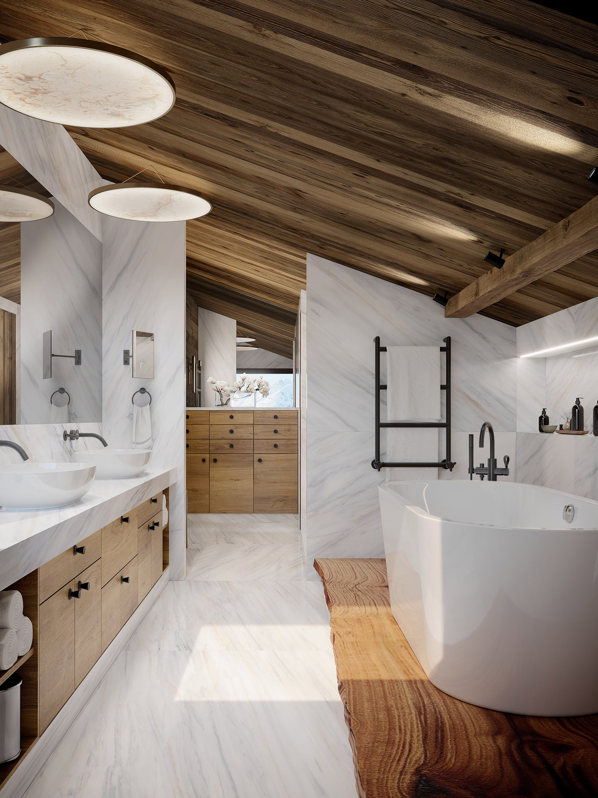 Image de synthèse 3D d'une salle de bain en marbre dans un chalet