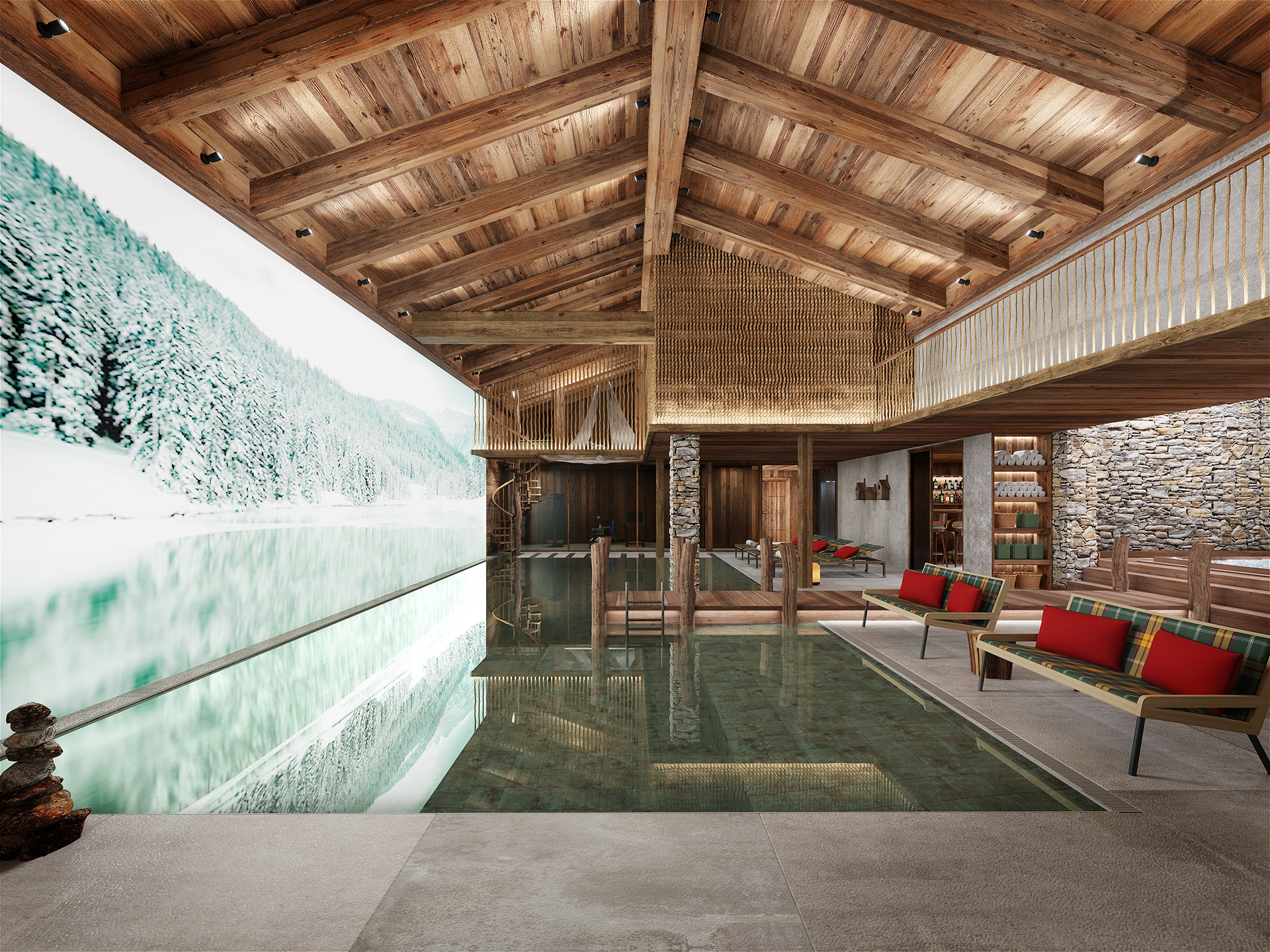 Rendu 3D d'une piscine intérieure dans un chalet Suisse