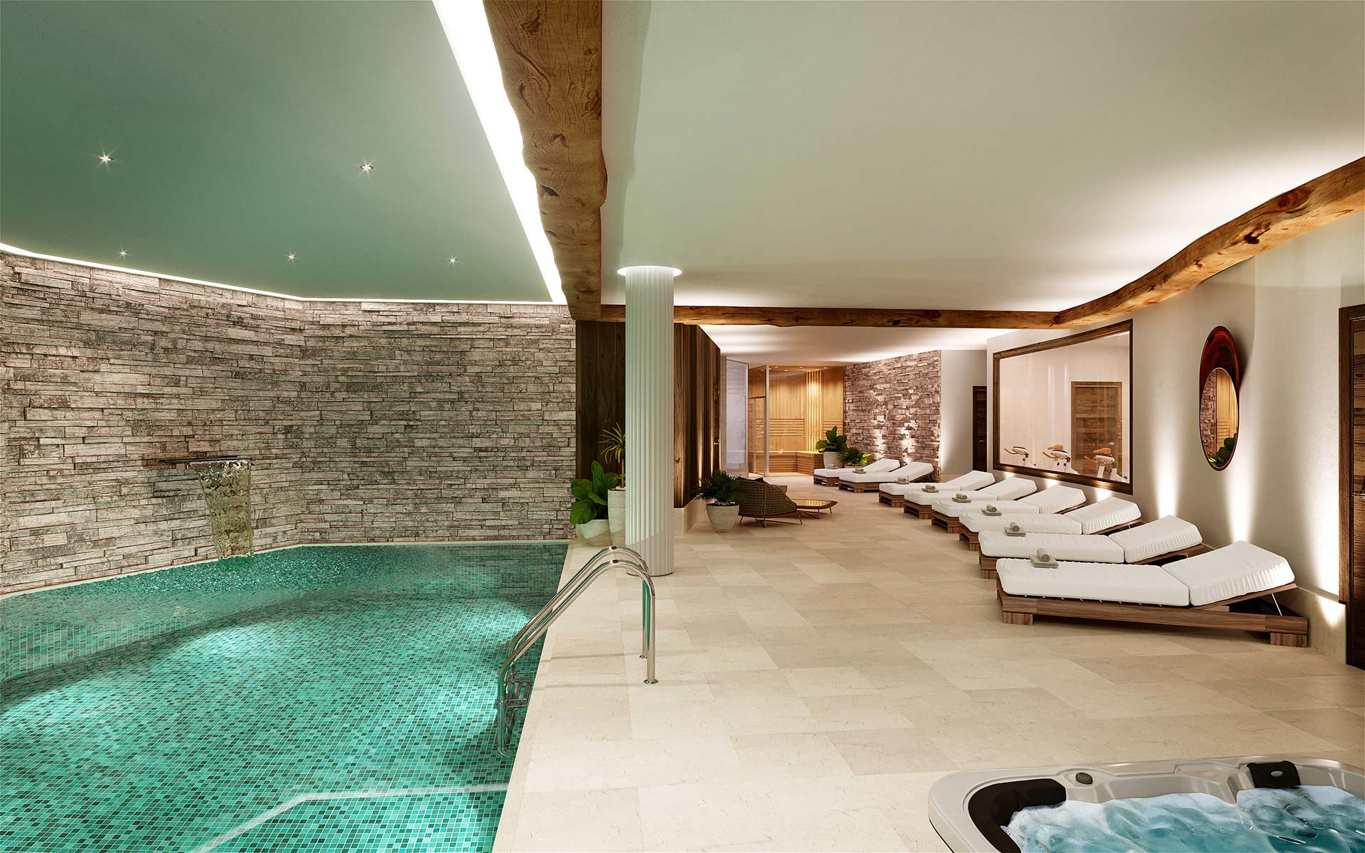 Image de synthèse 3D d'un spa dans un chalet de luxe