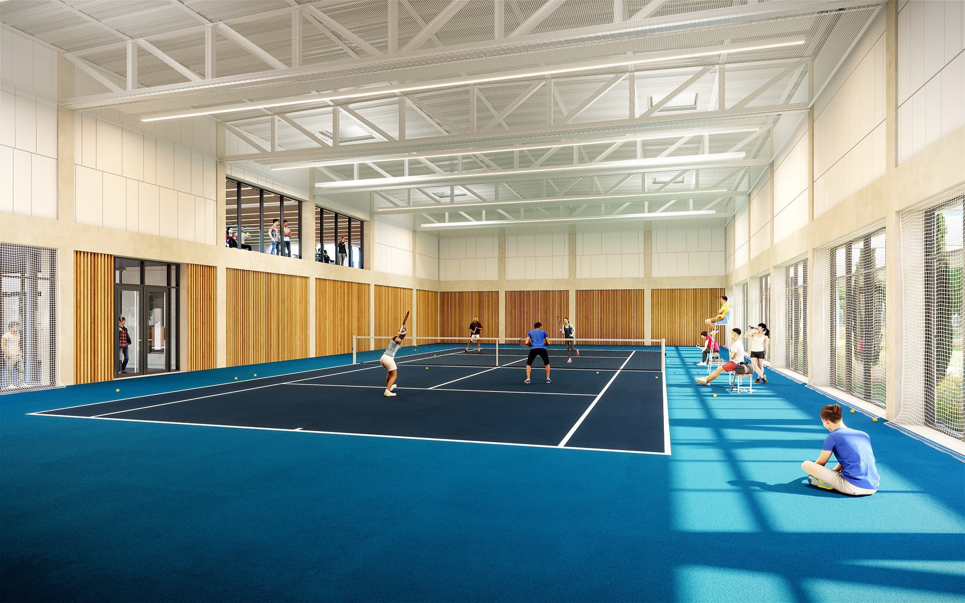 Représentation 3D d'un terrain de tennis en intérieur