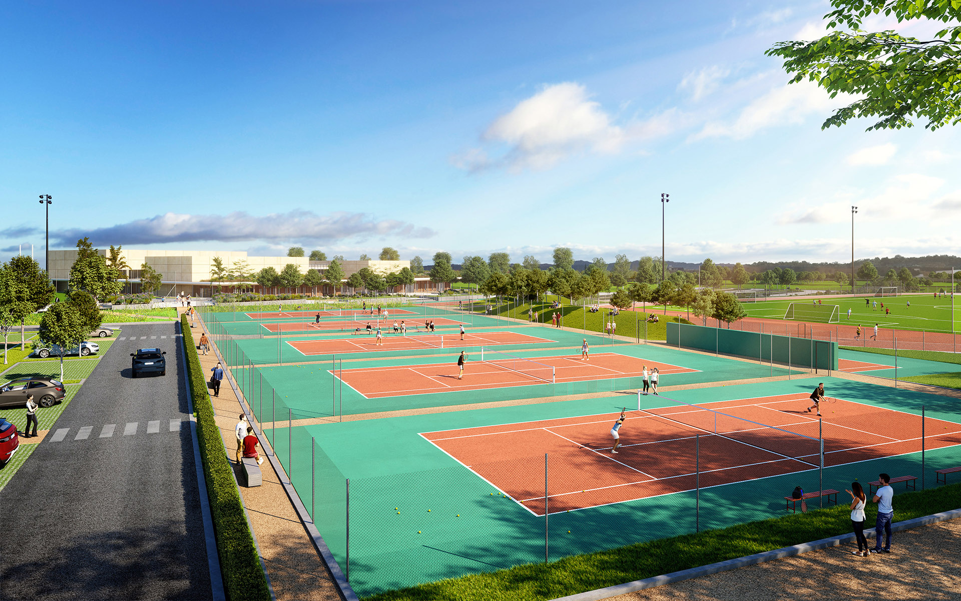 Rendu 3D de terrains de tennis en extérieur, intégrés dans l'environnement