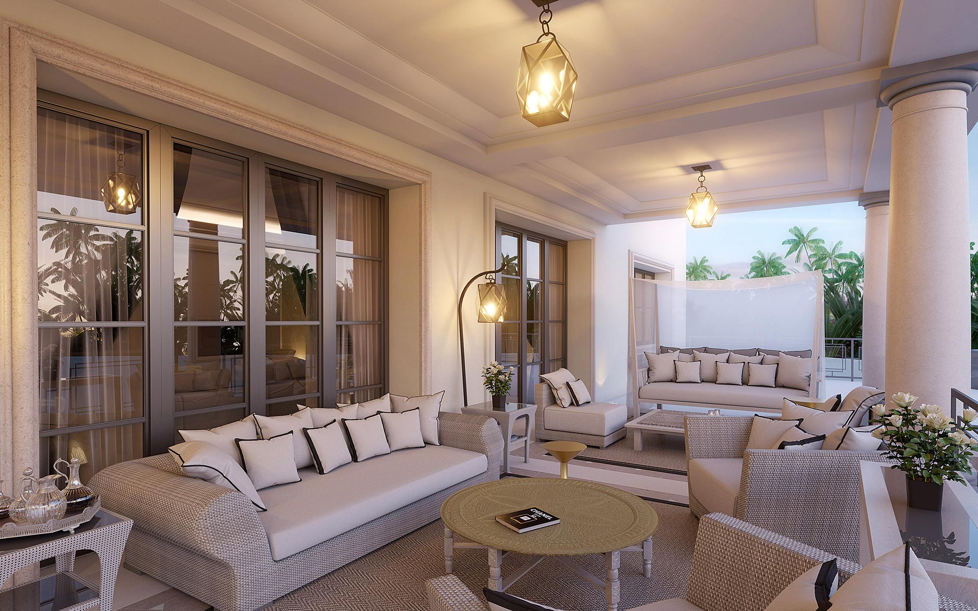 Visualisation 3D d'une terrasse couverte de villa de luxe au Maroc
