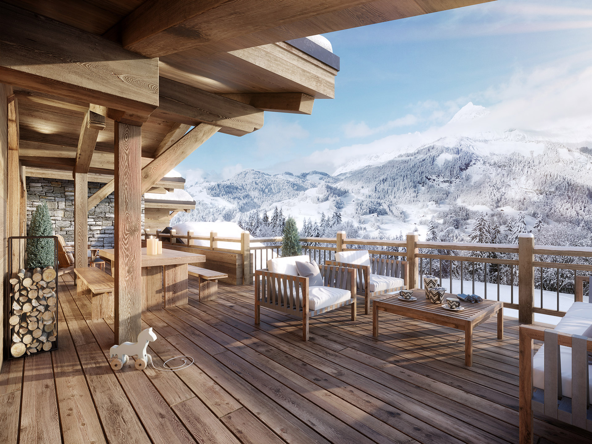 Perspective 3D d'une terrasse de chalet avec vue sur la montagne enneigée