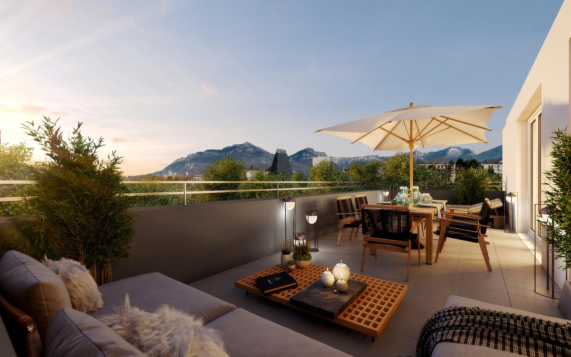 Création d'une image de terrasse en 3D pour la promotion immobilière du bien