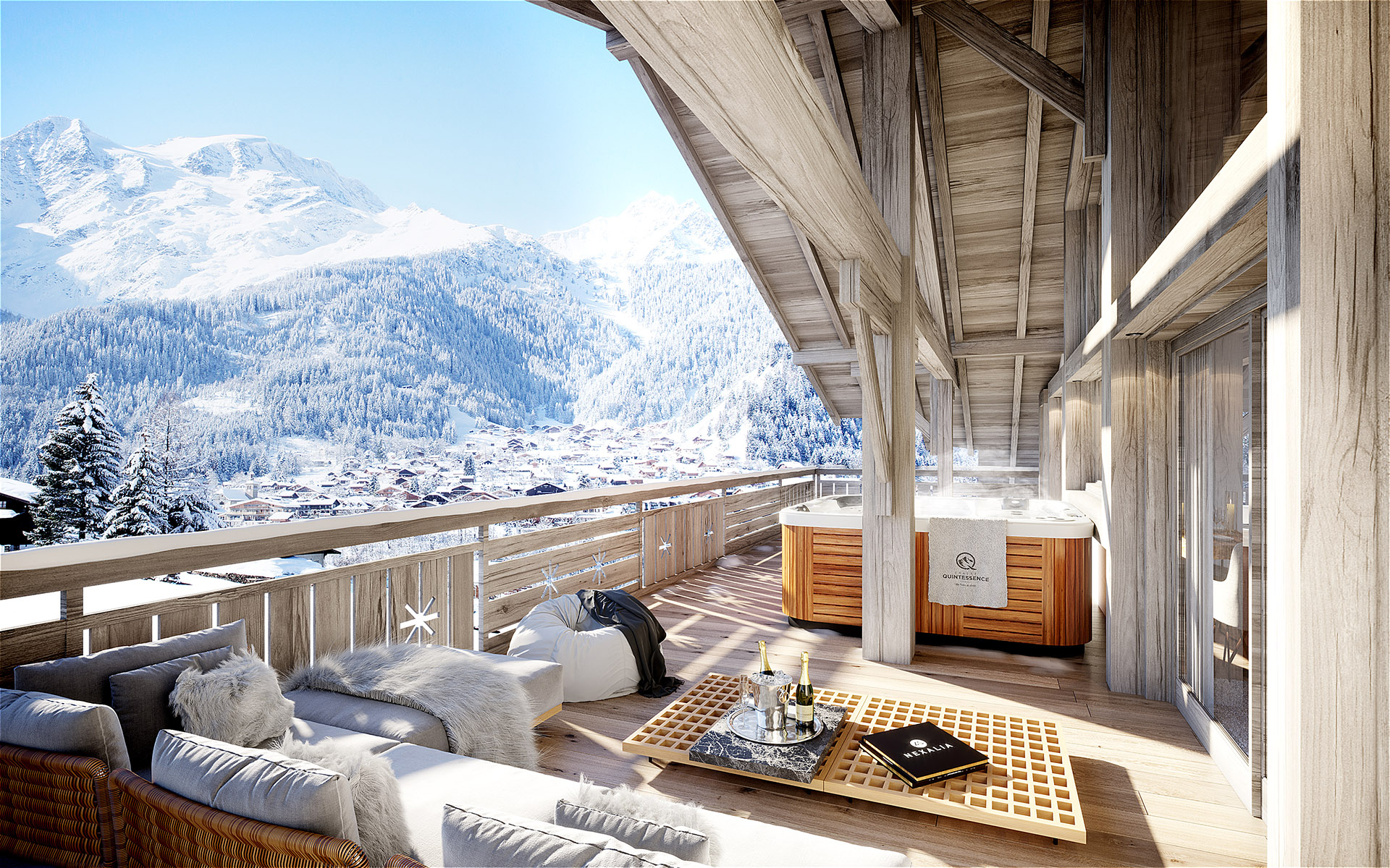 Image de synthèse 3D d'une terrasse de chalet avec vue sur la montagne et spa