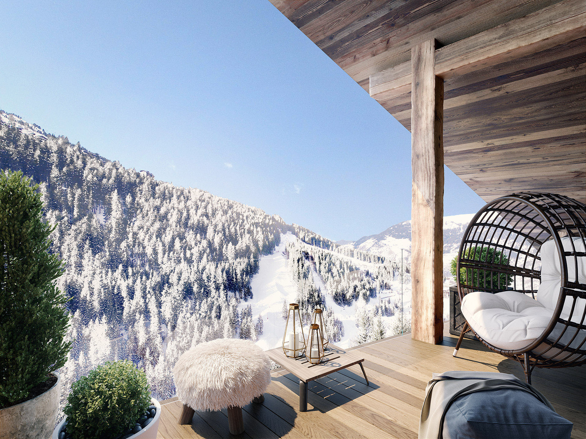Création 3D d'un balcon avec vue sur la montagne dans un chalet