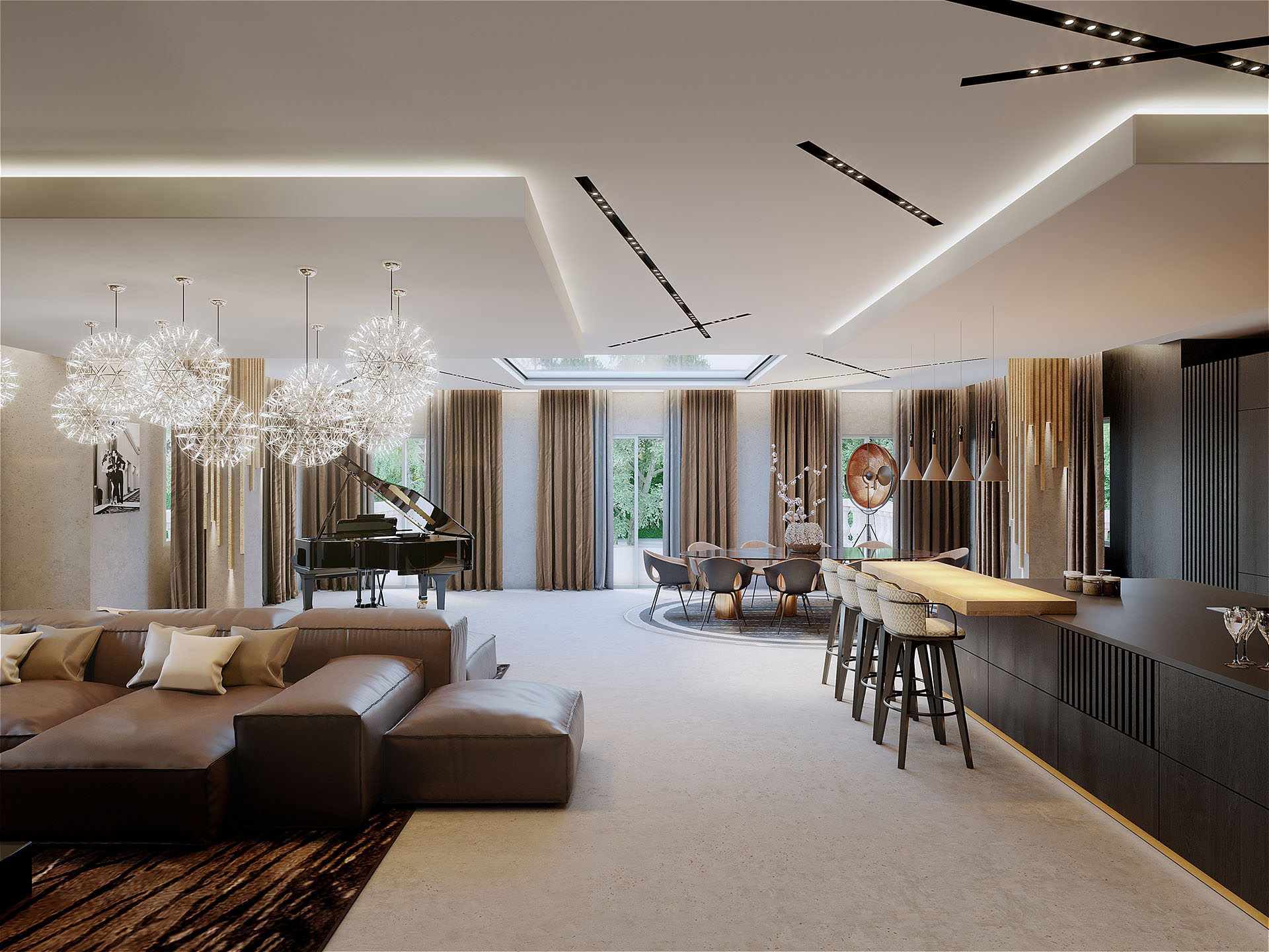 Image photo-réaliste 3D de la pièce de vie d'une villa de luxe