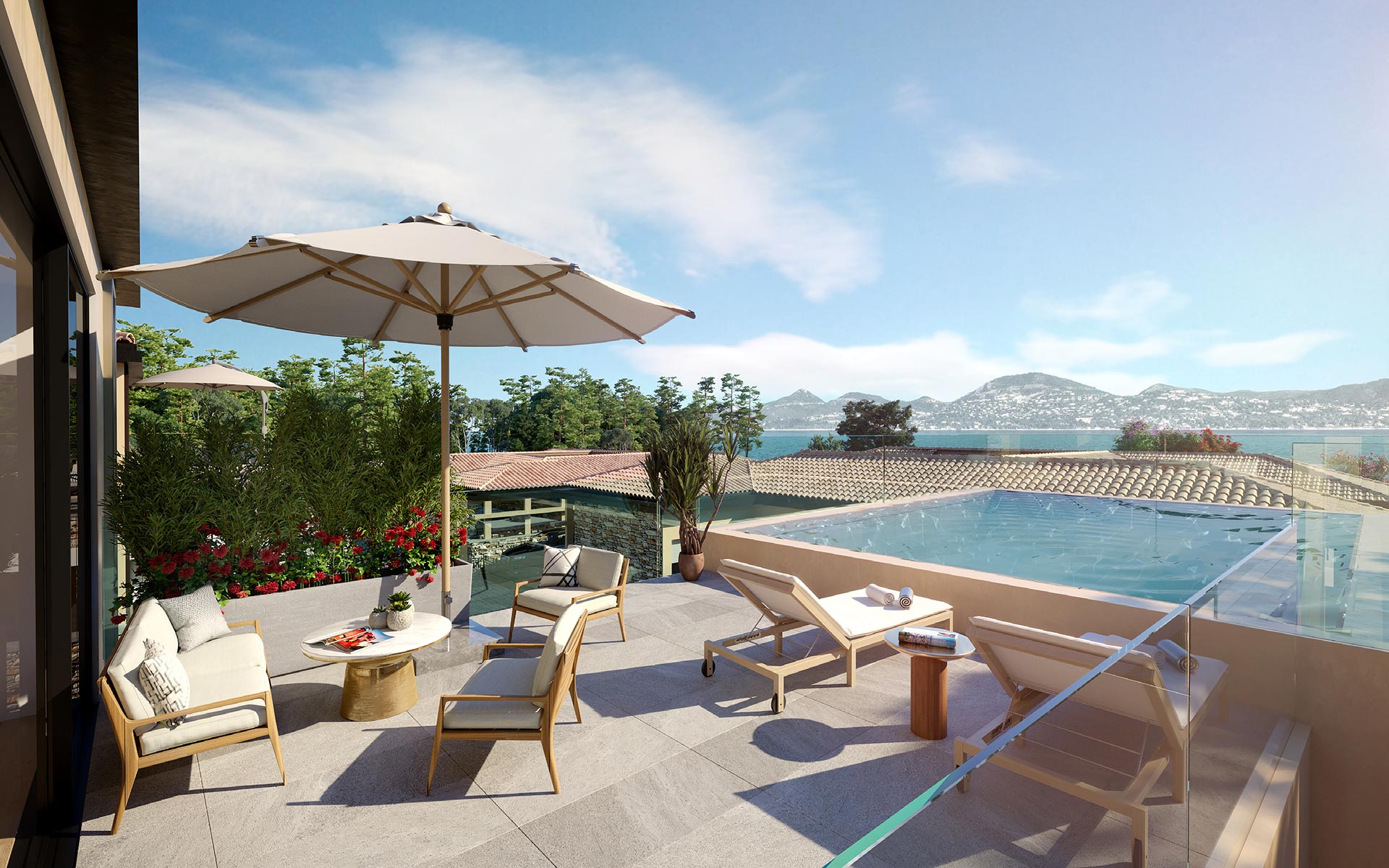 Rendu 3D d'une terrasse de villa avec piscine pour une promotion immobilière