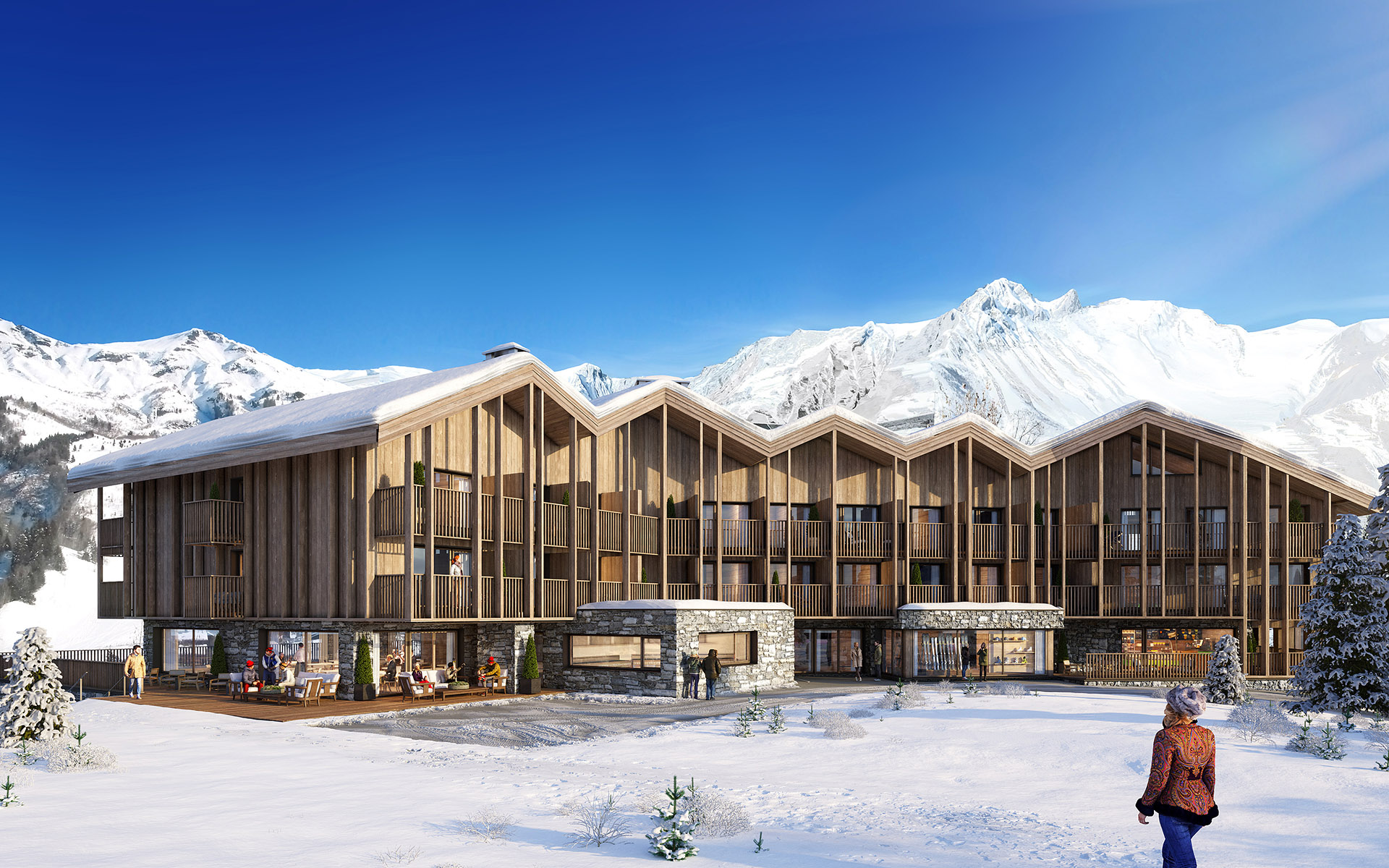 Représentation 3D des extérieurs d'un hôtel de type chalet