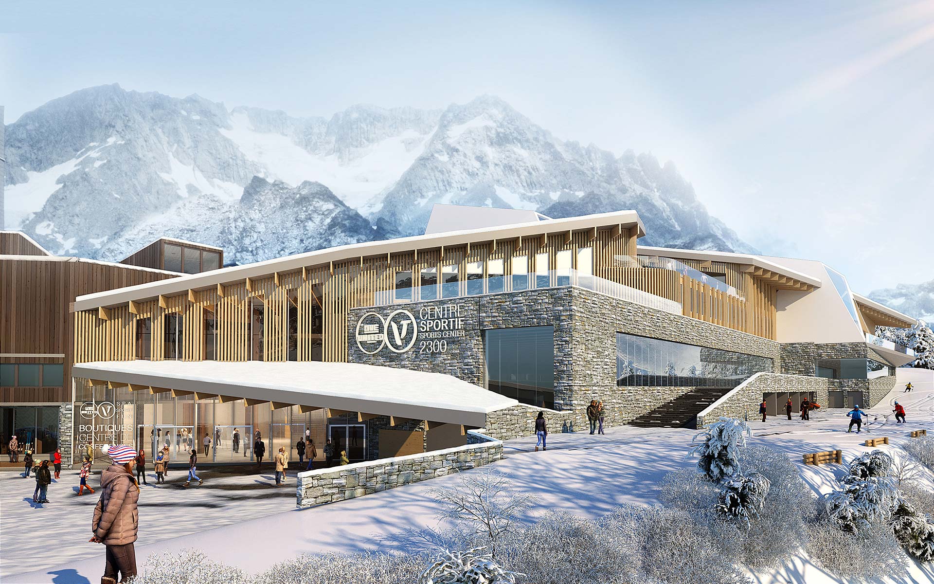 Visualisation 3D de l'extérieur d'un centre sportif en architecture bois dans les Alpes