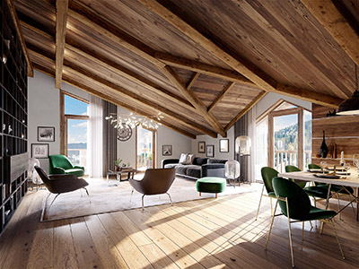 3D image of a living room and dining room in a luxurious chalet