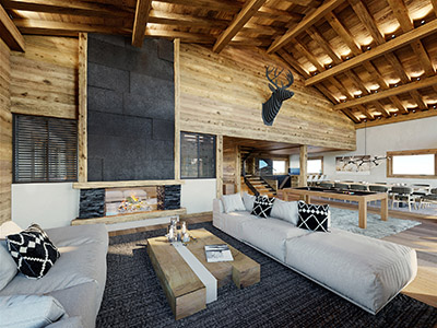 3D image of a living and dining room in a mountain apartment in the Alps