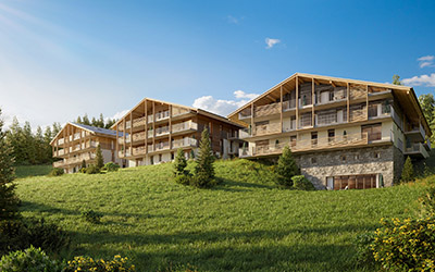 3D visualization of several collective chalets in the mountains in summer