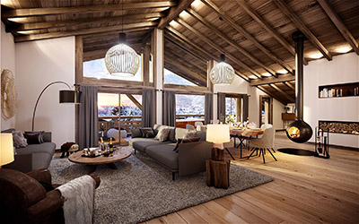3D representation of the interior of a mountain chalet at the end of the day