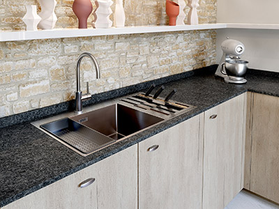 Modern and functional sink in a wooden kitchen made in 3D 