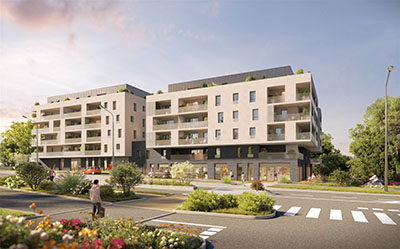 3D visualization of a modern building and its environment