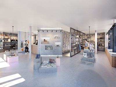 3D image of an industrial and design shoe store