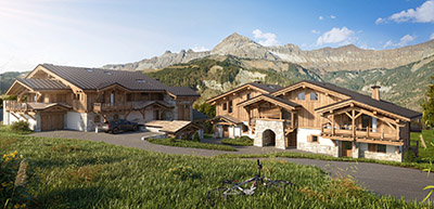 3D computer image of two chalets in the mountains in summer 