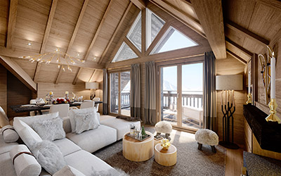 3D graphics of a living room in a rustic and luxurious cottage