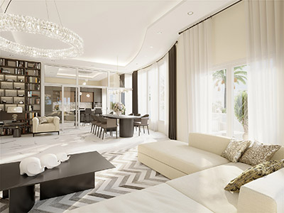 Luxurious and modern living room created by 3D computer graphics artists