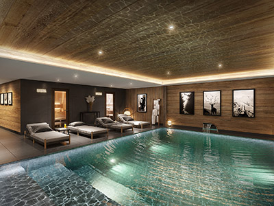 3D rendering of an indoor pool in a rustic chalet