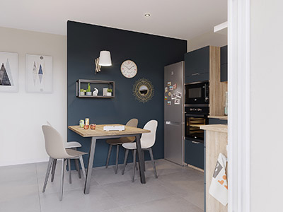 3D perspective of a dining table in an open kitchen 