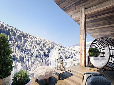 3D creation of a balcony with mountain view in a chalet