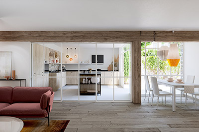 3D view of a living room and kitchen with glass roof