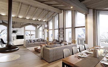 Perspective de l'intérieur d'un chalet luxueux avec vue sur la montagne