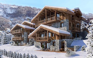 Vue 3D extérieure d'un chalet à Chamonix dans son environnement réel