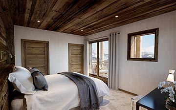 Rendu 3D d'une chambre dans un chalet de luxe en montagne