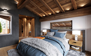Vue 3D d'une chambre d'un chalet de luxe pour une promotion immobilière 