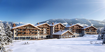 Overview 3D of a hôtel-chalet in La Plagne in a snowy landscape