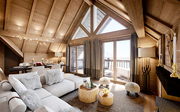 Perspective in 3D of the interior of a luxurious mountain chalet apartment