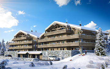 Vue 3D d'extérieurs de chalets à Chatel dans un paysage enneigé